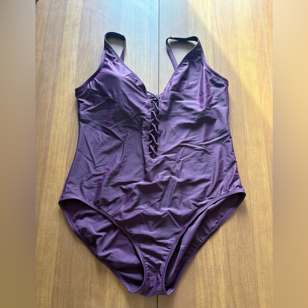 Ellen Tracy Deep Purple One Piece Swimsuit with corset detail size 18